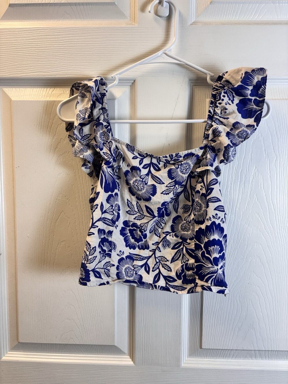 Rachel Zoe Women 3/4 Sleeve Button Linen Rayon Top Size M White Blue Floral